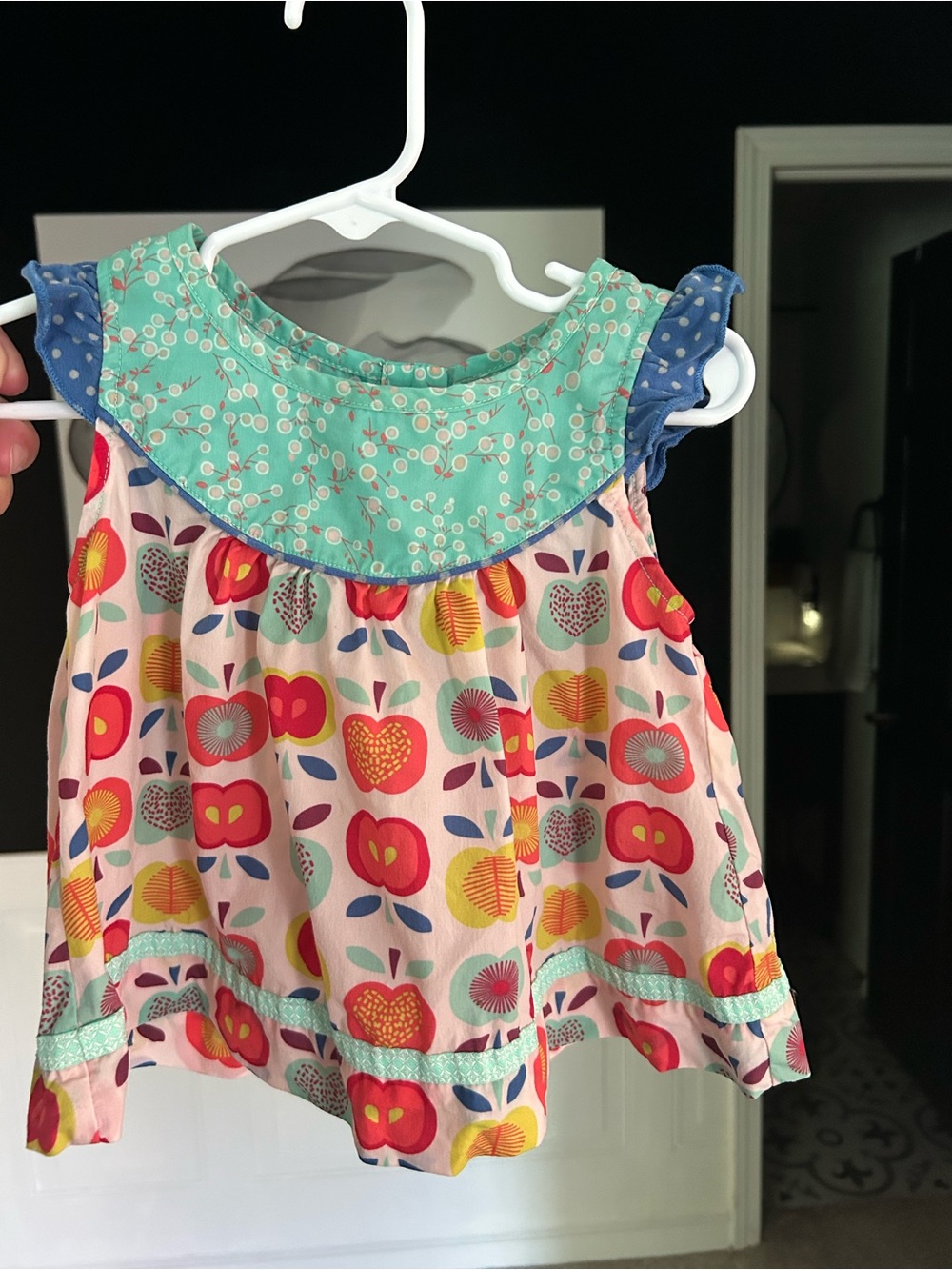 Matilda Jane Pink Apple Print Tank with Teal Yoke and Blue Ruffles
